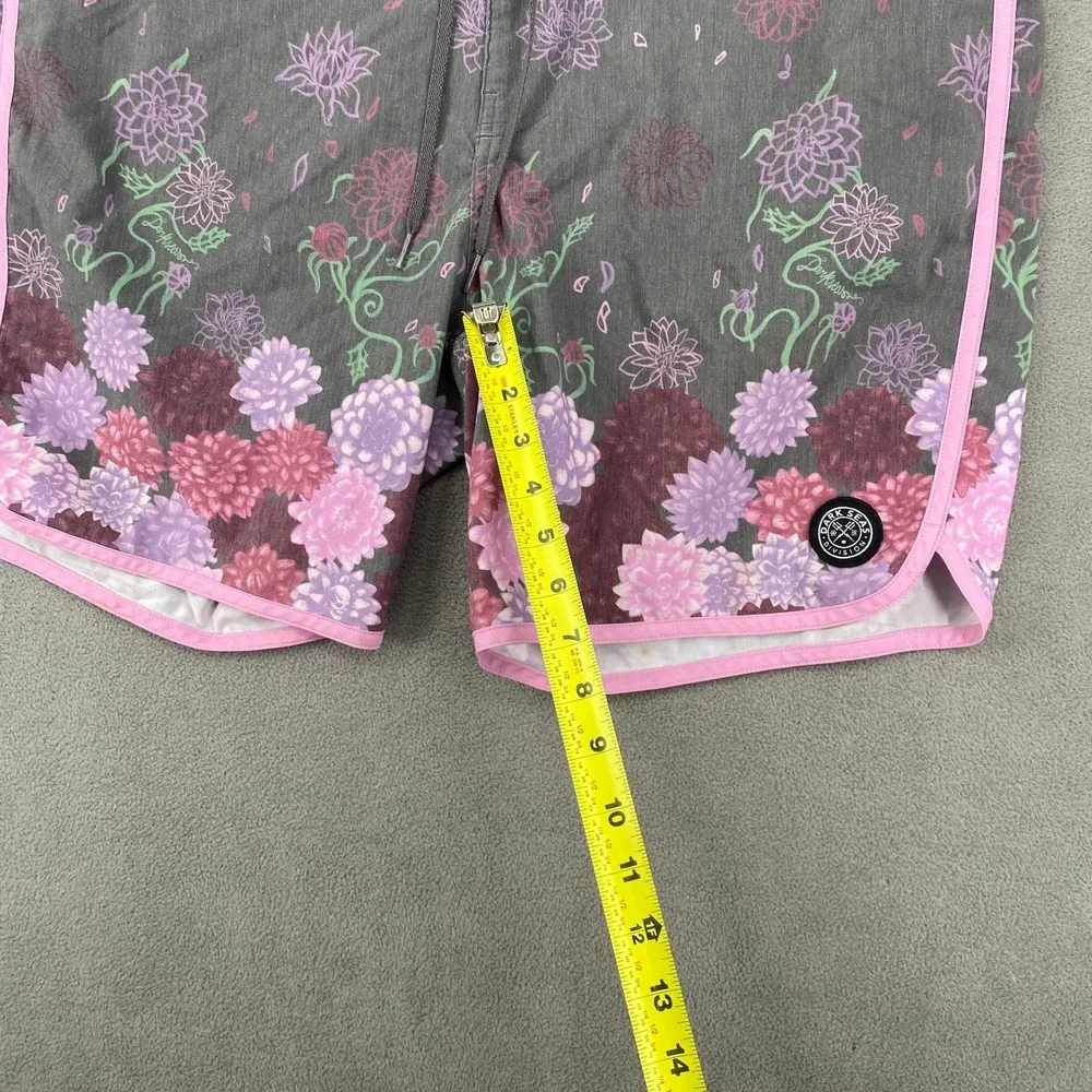 Dark Seas Swim Trunks Mens 36 Gray Pink Floral Stretch Drawstring Surfing Beach